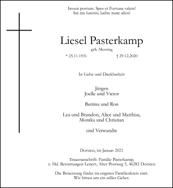 Traueranzeige von Liesel Pasterkamp von Ruhr Nachrichten und Dorstener Zeitung