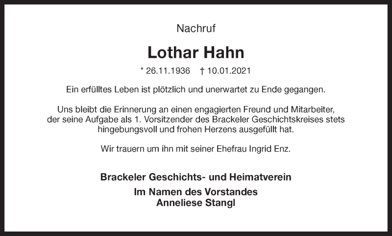  Traueranzeige für Lothar Hahn vom 16.01.2021 aus 