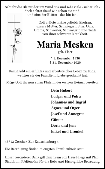 Traueranzeige von Maria Mesken von Münstersche Zeitung und Münsterland Zeitung