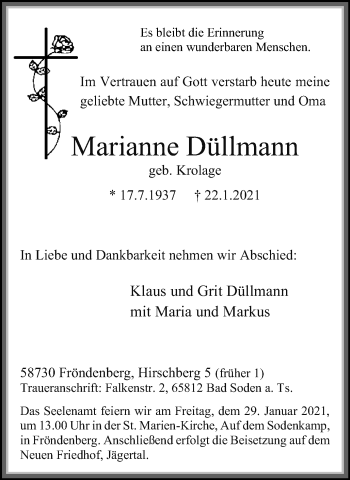 Traueranzeige von Marianne Düllmann von Hellweger Anzeiger