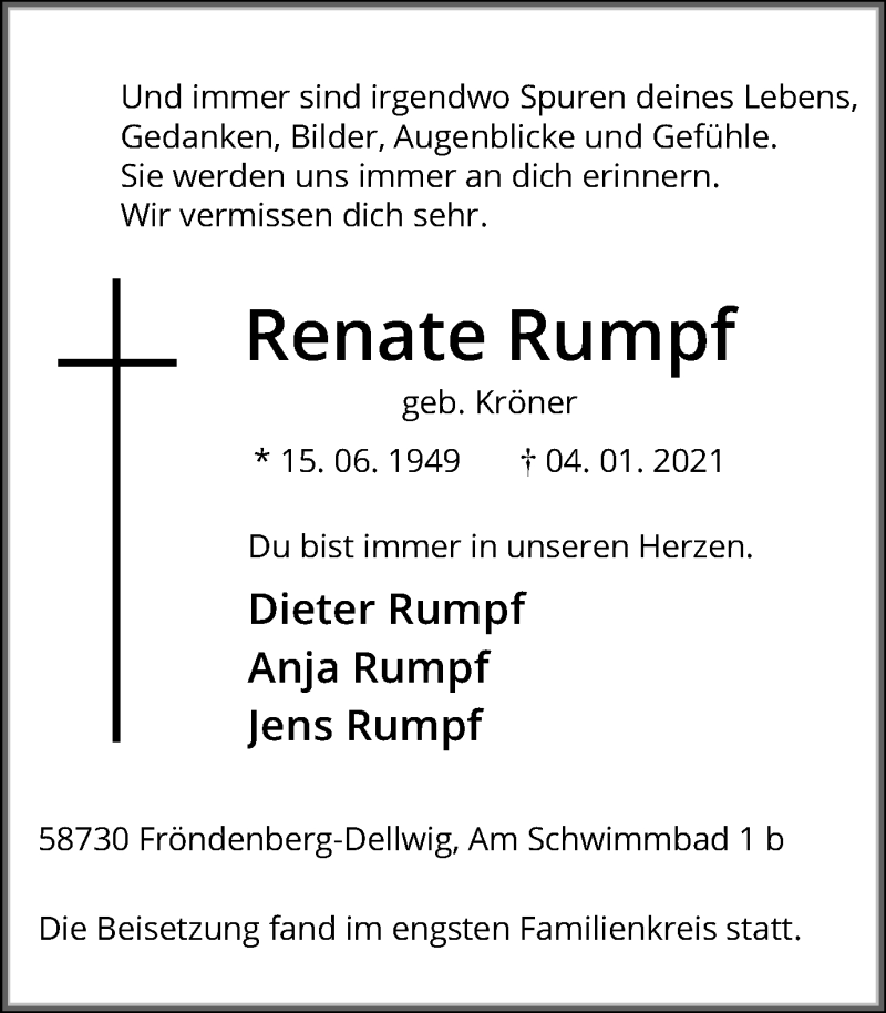  Traueranzeige für Renate Rumpf vom 16.01.2021 aus Hellweger Anzeiger