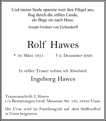 Traueranzeige von Rolf Hawes von Hellweger Anzeiger
