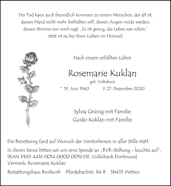 Traueranzeige von Rosemarie Kuklan 