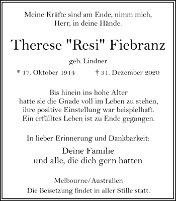 Traueranzeige von Therese Fiebranz