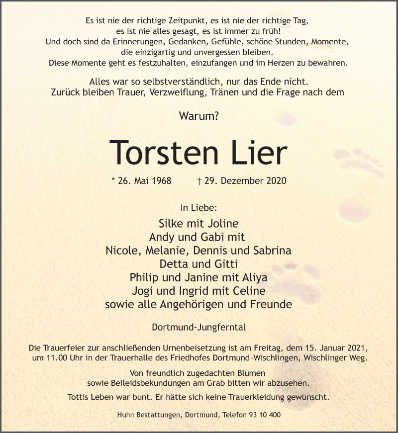  Traueranzeige für Torsten Lier vom 09.01.2021 aus 