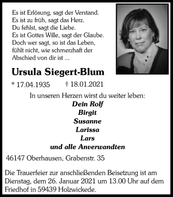 Traueranzeige von Ursula Siegert-Blum von Hellweger Anzeiger