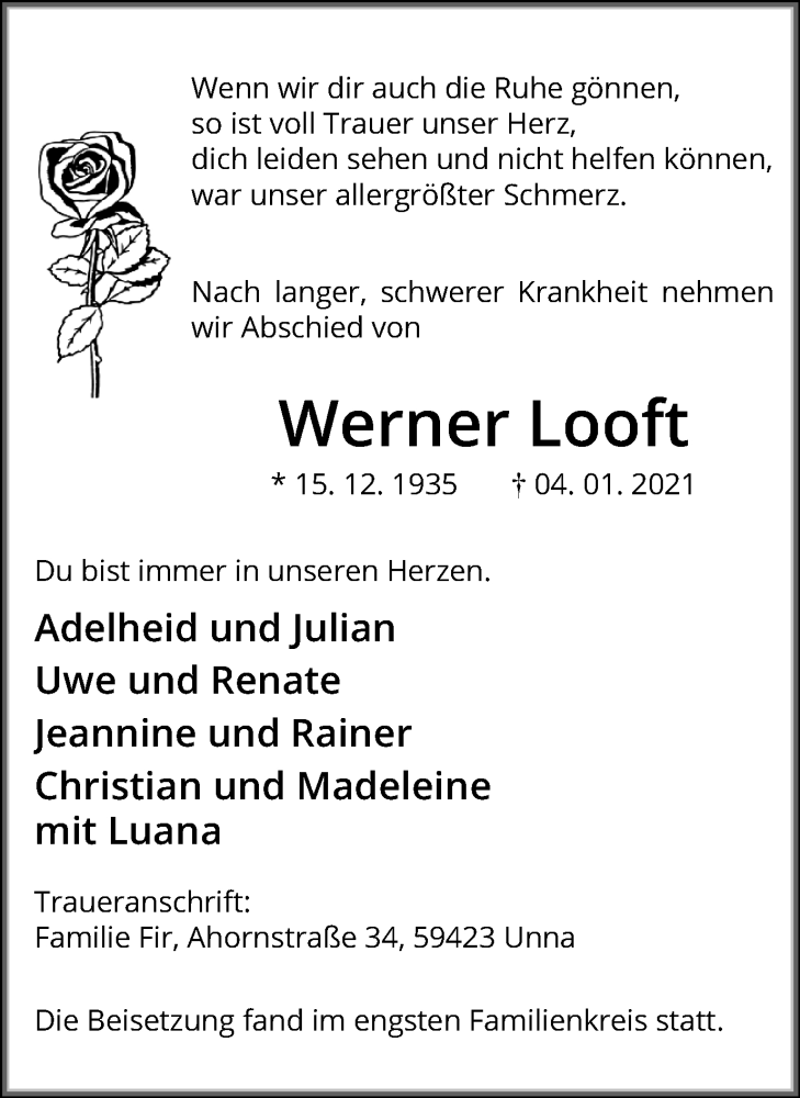  Traueranzeige für Werner Looft vom 16.01.2021 aus Hellweger Anzeiger