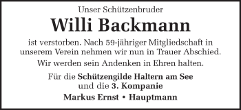 Traueranzeige von Willi Backmann von Ruhr Nachrichten und Halterner Zeitung
