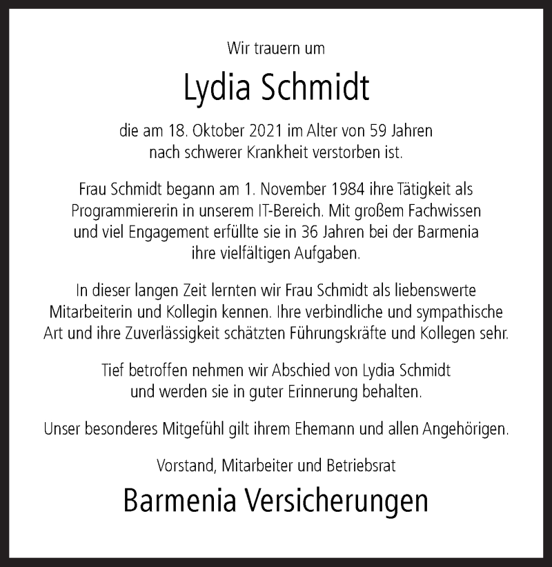  Traueranzeige für Lydia Schmidt vom 23.10.2021 aus Hellweger Anzeiger