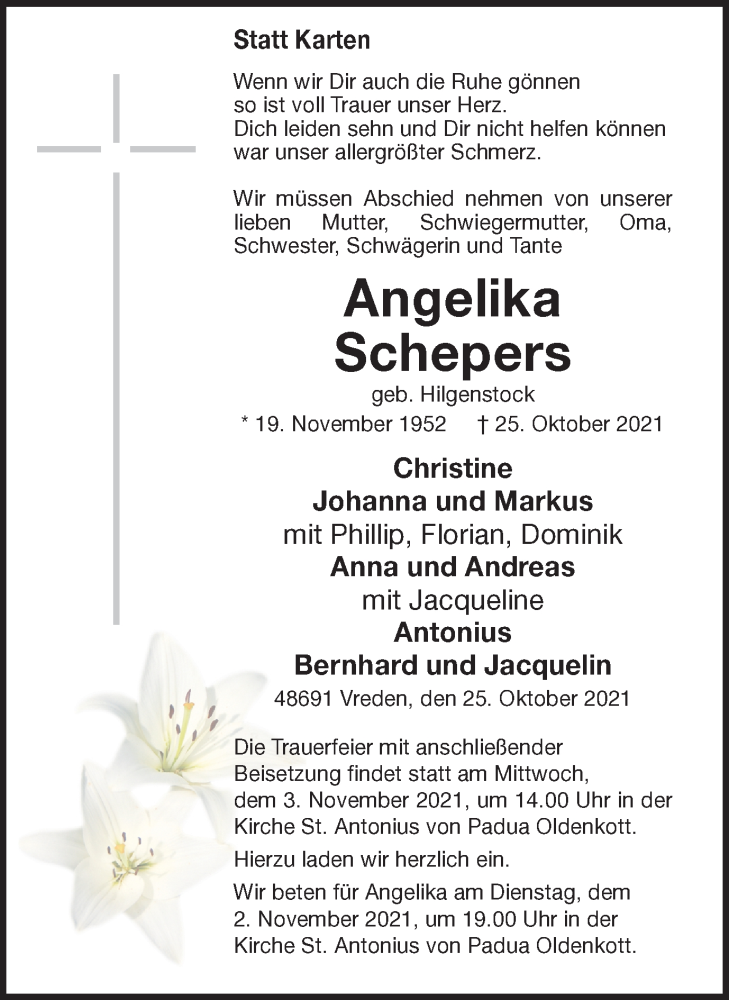  Traueranzeige für Angelika Schepers vom 30.10.2021 aus Münstersche Zeitung und Münsterland Zeitung
