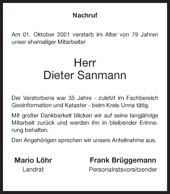 Traueranzeige von Dieter Sanmann von Hellweger Anzeiger