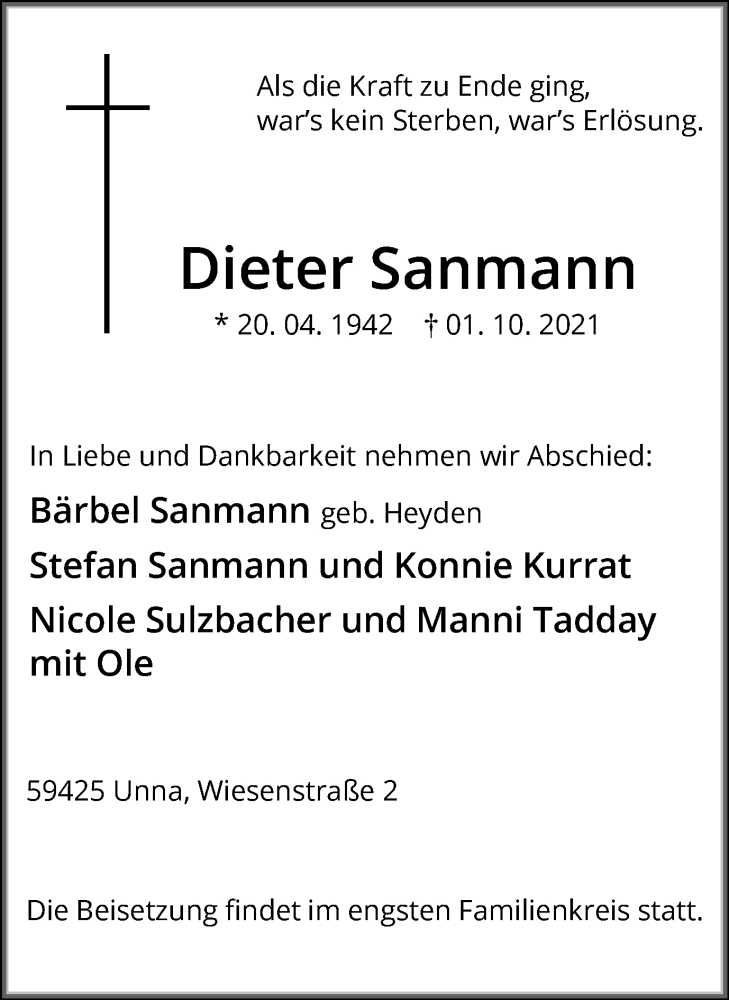  Traueranzeige für Dieter Sanmann vom 05.10.2021 aus Hellweger Anzeiger