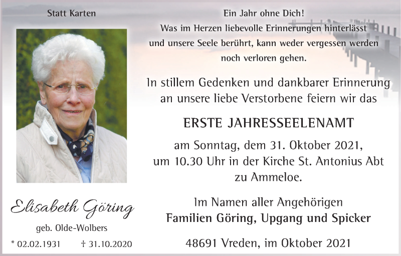 Traueranzeigen von Elisabeth Göring | sich-erinnern.de