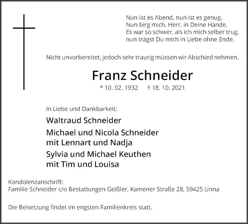  Traueranzeige für Franz Schneider vom 23.10.2021 aus Hellweger Anzeiger
