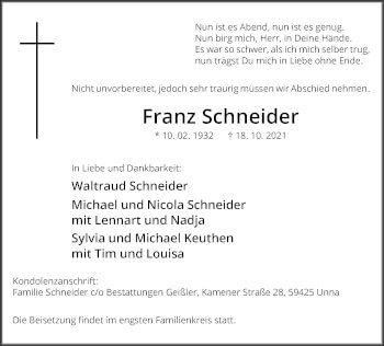 Traueranzeige von Franz Schneider von Hellweger Anzeiger