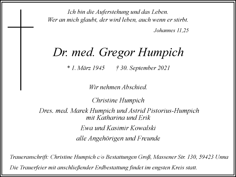  Traueranzeige für Gregor Humpich vom 09.10.2021 aus Hellweger Anzeiger