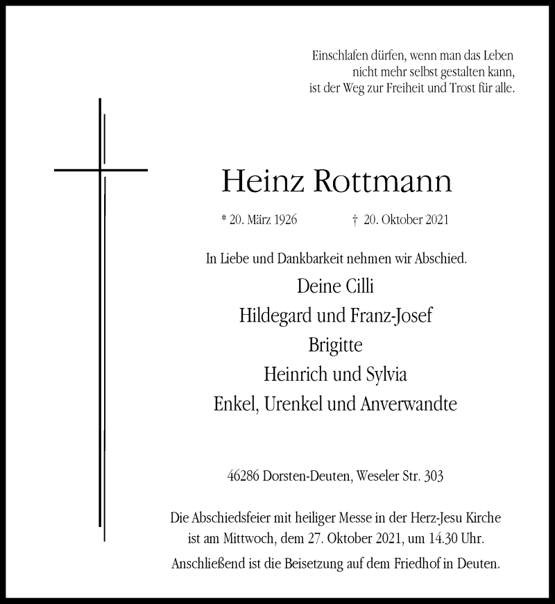  Traueranzeige für Heinz Rottmann vom 25.10.2021 aus Ruhr Nachrichten und Dorstener Zeitung