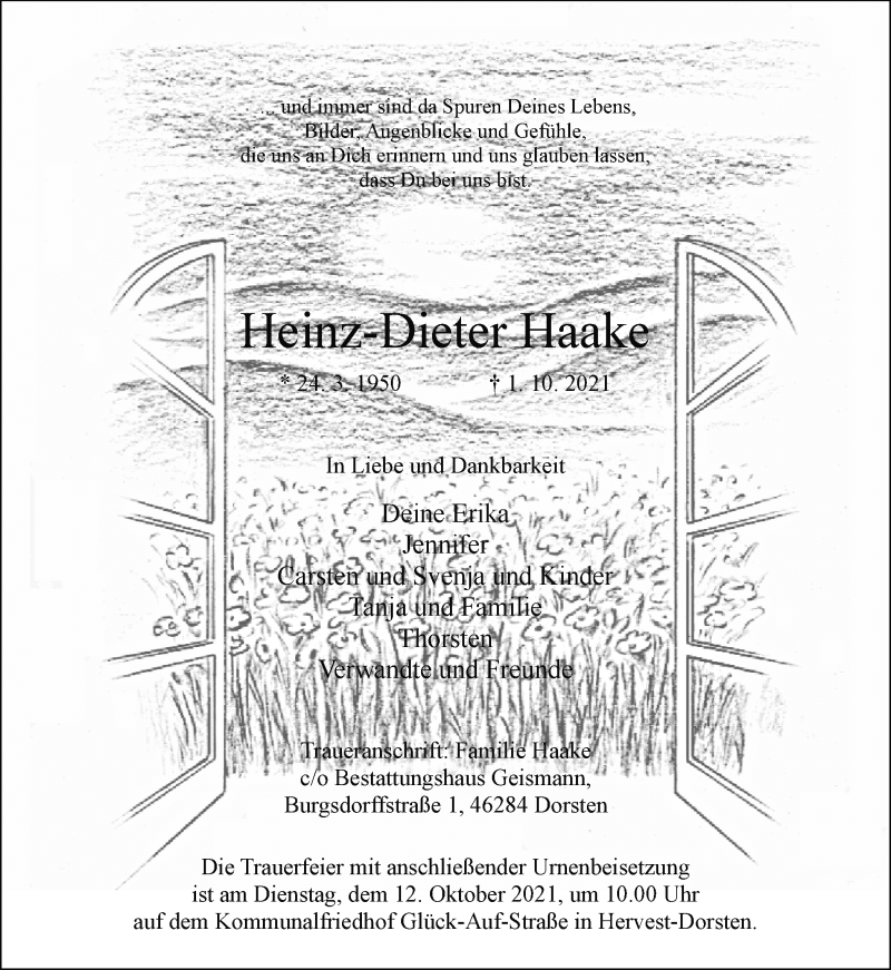  Traueranzeige für Heinz Dieter Haake vom 06.10.2021 aus Ruhr Nachrichten und Dorstener Zeitung