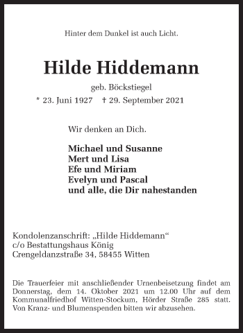 Traueranzeige von Hilde Hiddemann 
