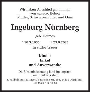 Traueranzeige von Ingeburg Nürnberg 