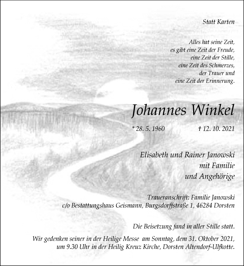  Traueranzeige für Johannes Winkel vom 26.10.2021 aus Ruhr Nachrichten und Dorstener Zeitung