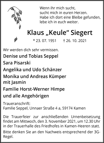 Traueranzeige von Klaus Siegert von Hellweger Anzeiger