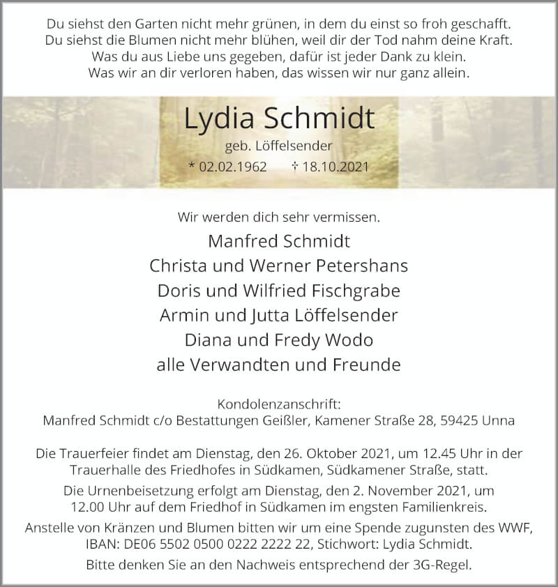  Traueranzeige für Lydia Schmidt vom 23.10.2021 aus Hellweger Anzeiger