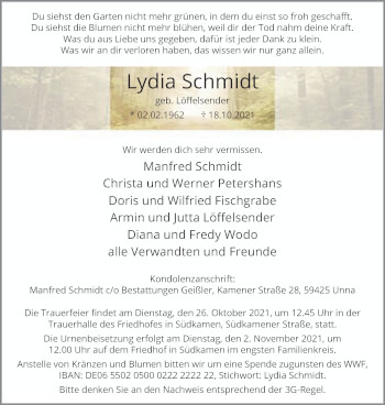 Traueranzeige von Lydia Schmidt von Hellweger Anzeiger