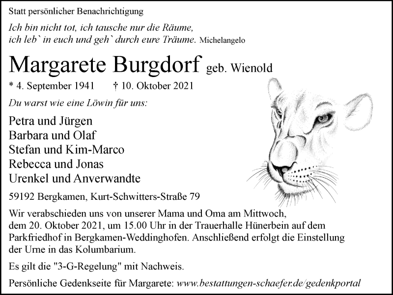  Traueranzeige für Margarete Burgdorf vom 16.10.2021 aus Hellweger Anzeiger