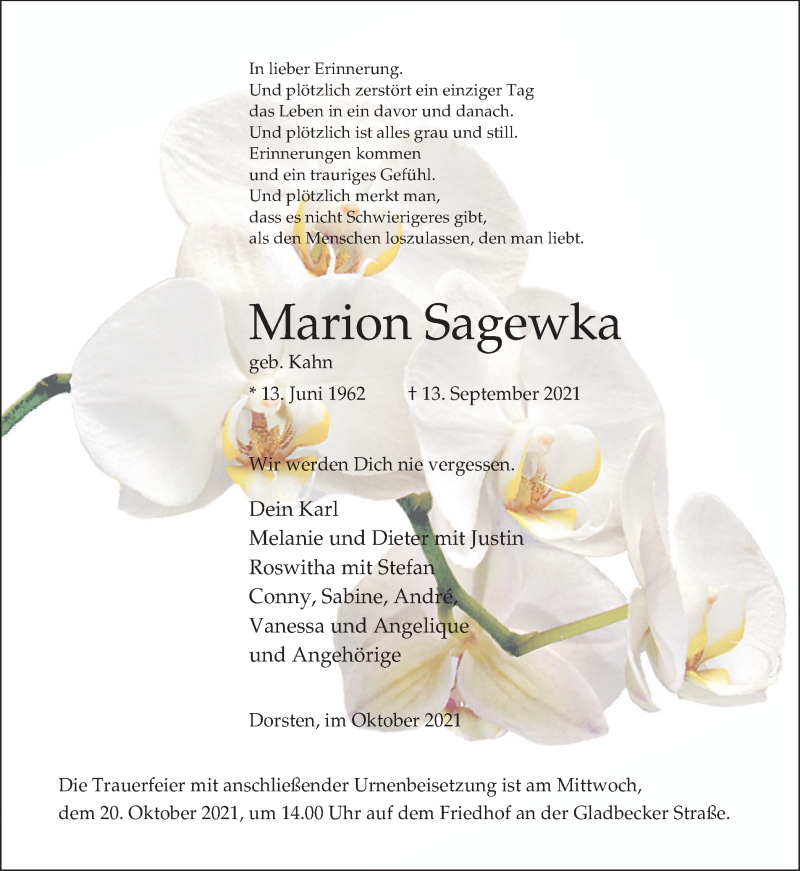  Traueranzeige für Marion Sagewka vom 13.10.2021 aus Ruhr Nachrichten und Dorstener Zeitung