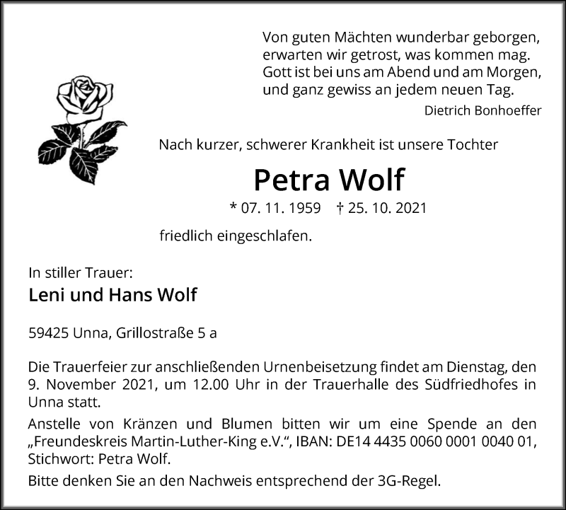  Traueranzeige für Petra Wolf vom 28.10.2021 aus Hellweger Anzeiger