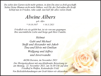 Traueranzeige von Alwine Albers von Ruhr Nachrichten und Dorstener Zeitung