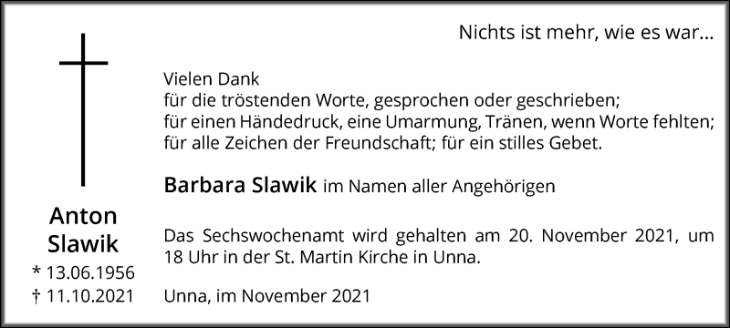  Traueranzeige für Anton Slawik vom 13.11.2021 aus Hellweger Anzeiger