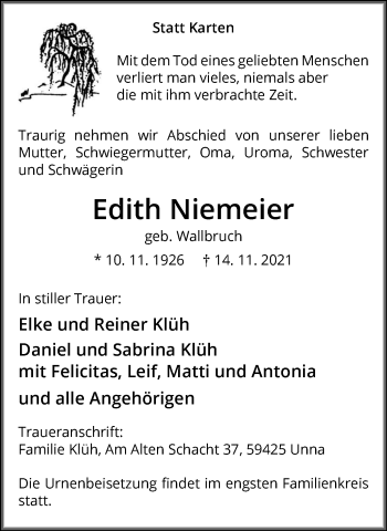Traueranzeige von Edith Niemeier 