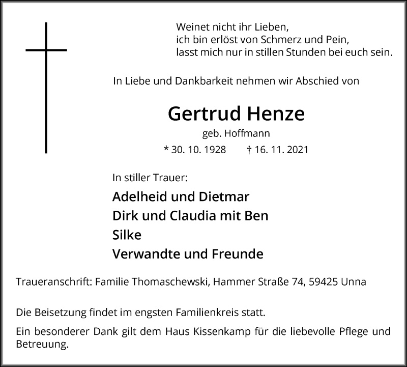  Traueranzeige für Gertrud Henze vom 20.11.2021 aus Hellweger Anzeiger