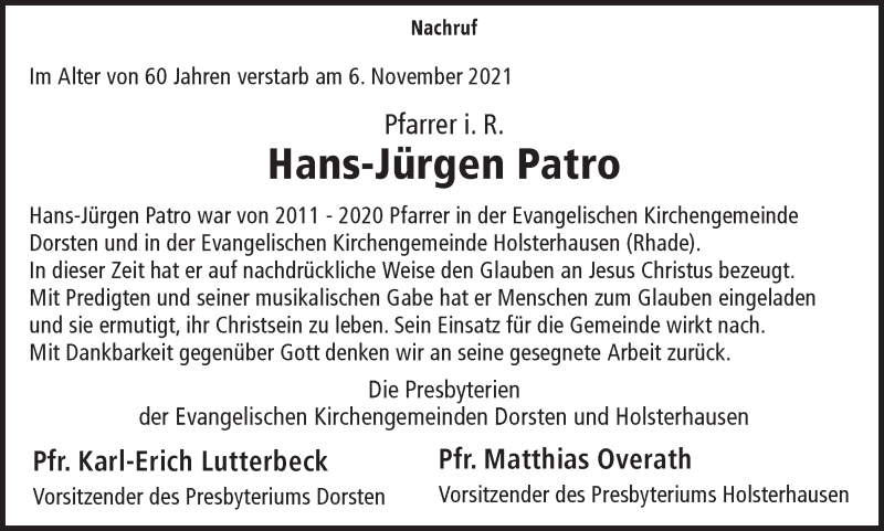  Traueranzeige für Hans-Jürgen Patro vom 12.11.2021 aus Ruhr Nachrichten und Dorstener Zeitung