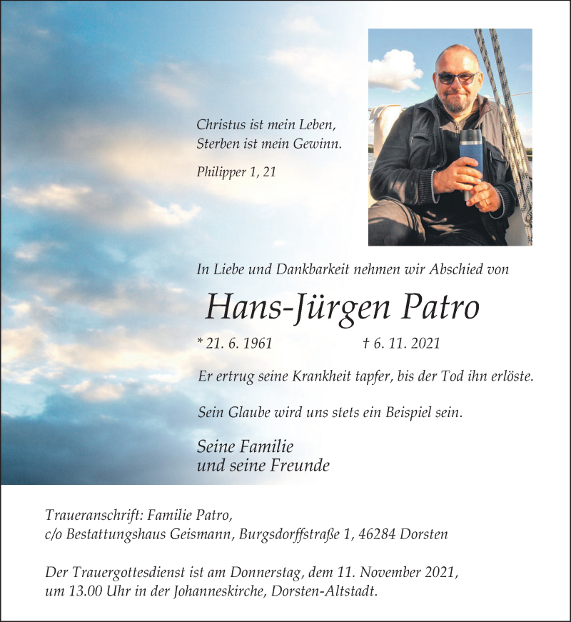  Traueranzeige für Hans-Jürgen Patro vom 09.11.2021 aus Ruhr Nachrichten und Dorstener Zeitung