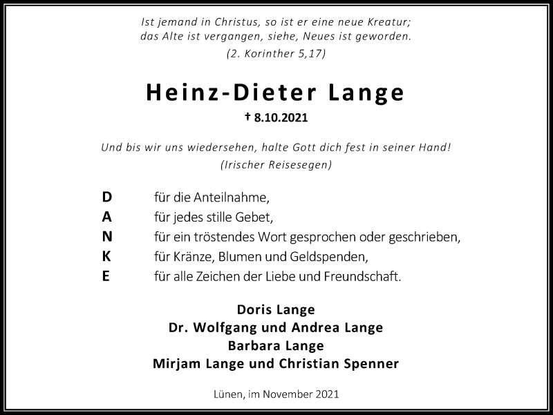 Traueranzeigen Von Heinz Dieter Lange Sich Erinnernde