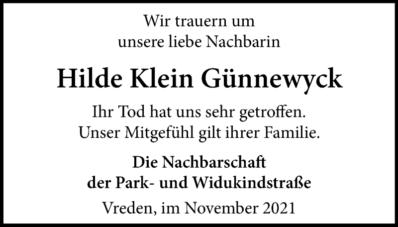  Traueranzeige für Hilde Klein Günnewyck vom 22.11.2021 aus Münstersche Zeitung und Münsterland Zeitung