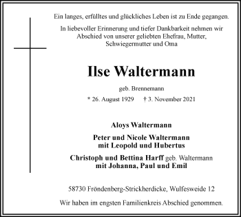 Traueranzeige von Ilse Waltermann