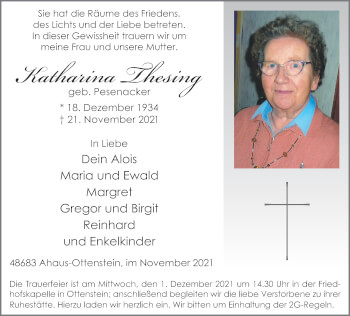 Traueranzeige von Katharina Thesing von Münstersche Zeitung und Münsterland Zeitung