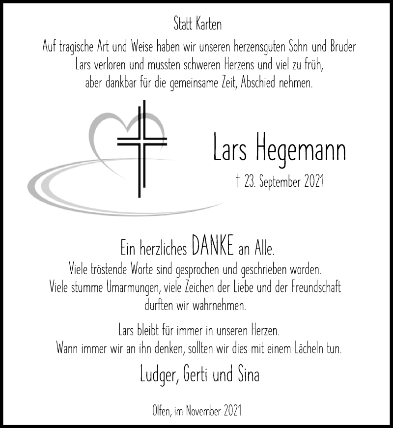  Traueranzeige für Lars Hegemann vom 06.11.2021 aus Ruhr Nachrichten