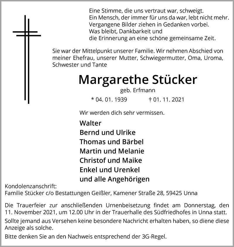  Traueranzeige für Margarethe Stücker vom 04.11.2021 aus Hellweger Anzeiger