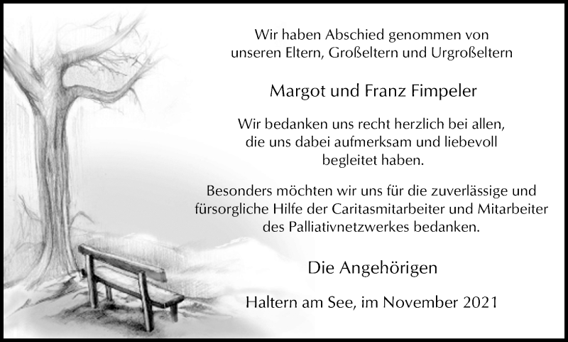  Traueranzeige für Margot und Franz Fimpeler vom 20.11.2021 aus Ruhr Nachrichten und Halterner Zeitung