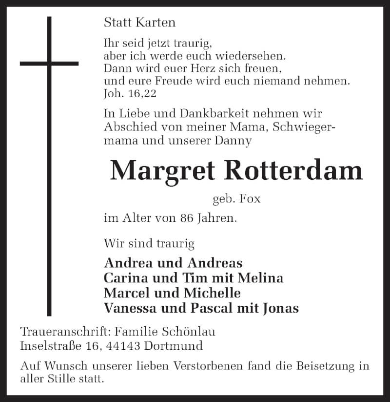  Traueranzeige für Margret Rotterdam vom 27.11.2021 aus 