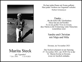 Traueranzeige von Marita Steck von Ruhr Nachrichten und Dorstener Zeitung