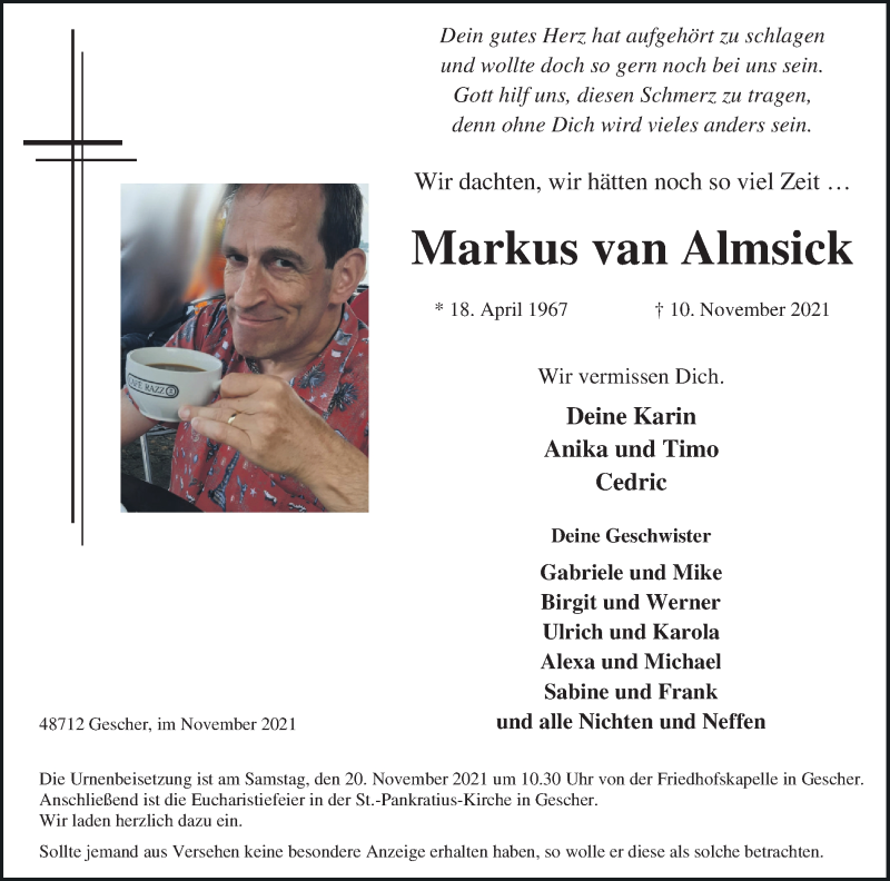  Traueranzeige für Markus van Almsick vom 17.11.2021 aus Münstersche Zeitung und Münsterland Zeitung