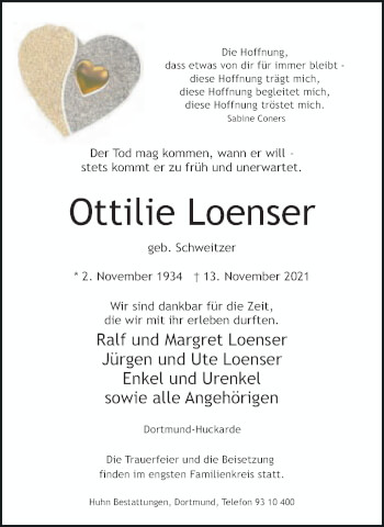 Traueranzeige von Ottilie Loenser 