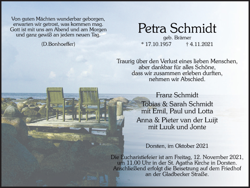  Traueranzeige für Petra Schmidt vom 09.11.2021 aus Ruhr Nachrichten und Dorstener Zeitung