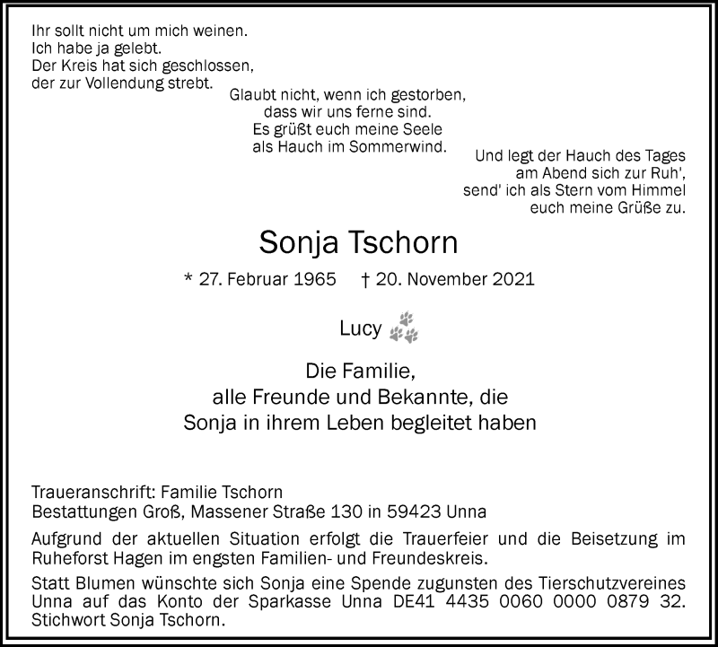  Traueranzeige für Sonja Tschorn vom 24.11.2021 aus Hellweger Anzeiger